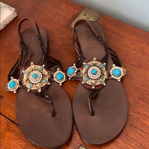 PELLE MODA BROWN TURQUOISE GOLD SANDAL SIZE 7,5